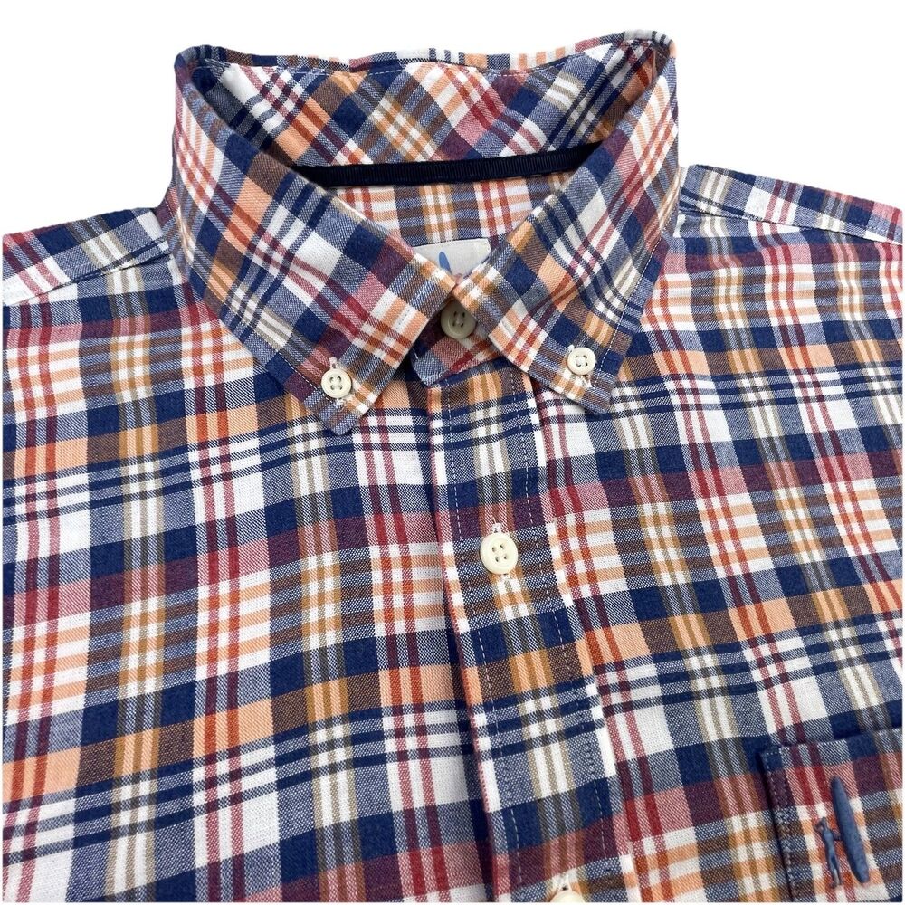 Johnnie-O Hangin Out Shirt Men M Blue Orange Plaid Flannel Long Sleeve Button